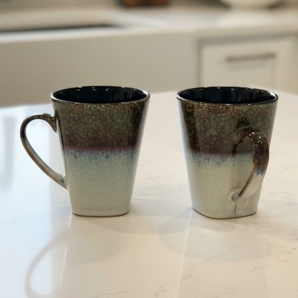 Master Cuisine Coffee Cups, Set of 2, Cream Brown Blue Stoneware Mugs, Drinkware